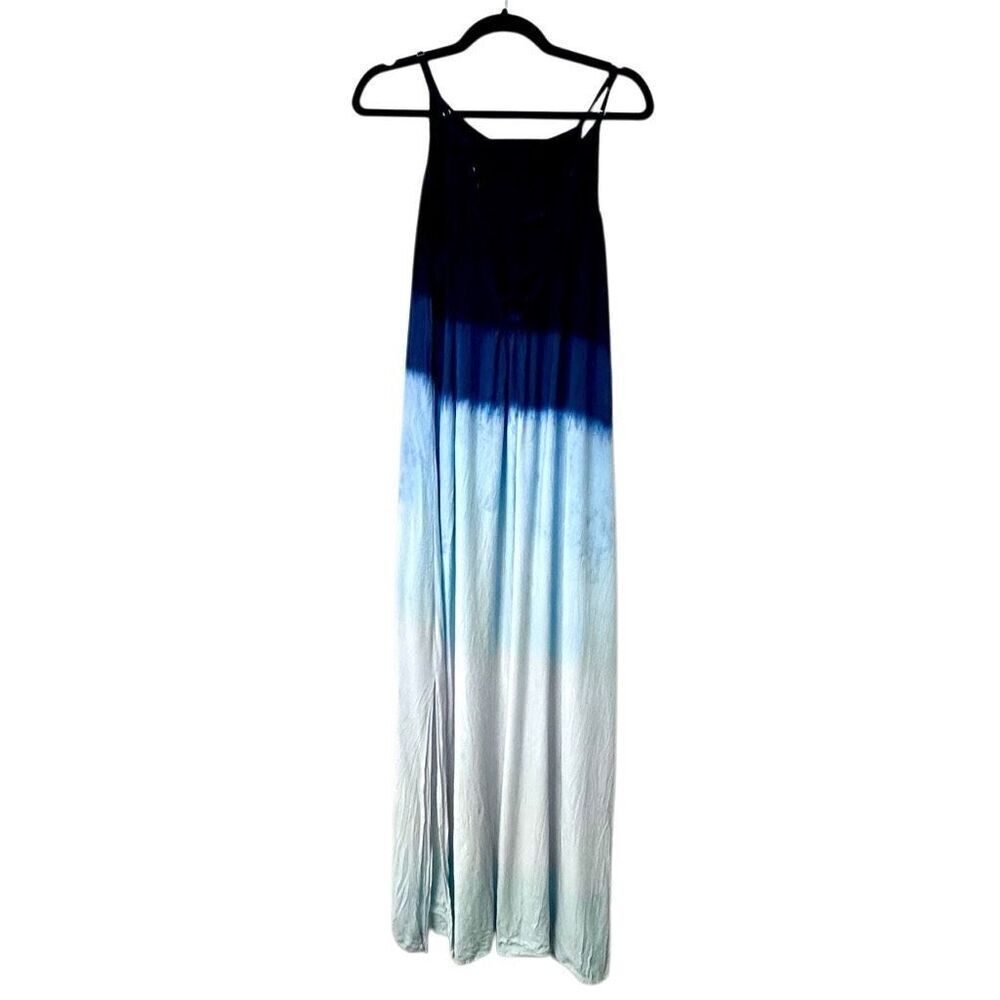 Riviera Sun Spaghetti Strap Dip Dye Side Slit Maxi Sundress Blue White Large